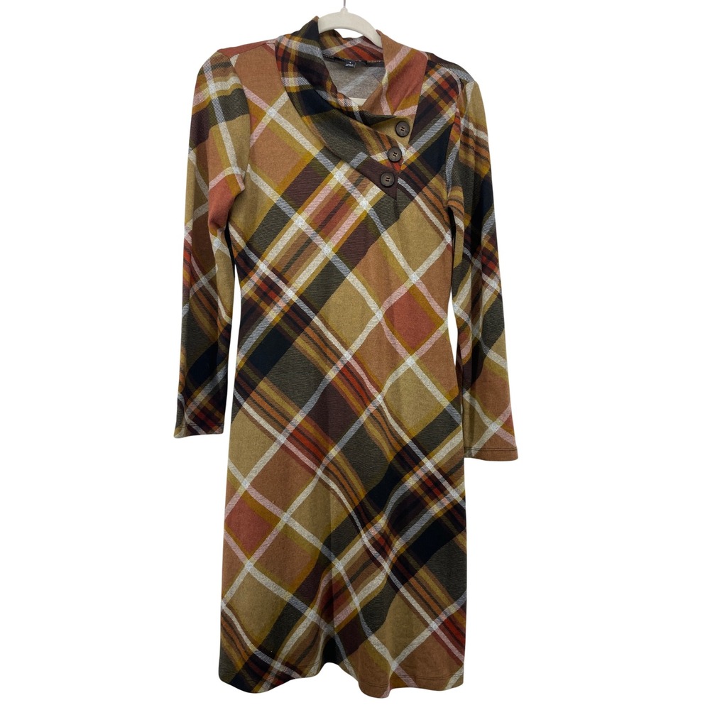 Connected Apparel Size 4 Plaid Knit Cowl Neck Knee Length Dress Brown Modest Y2k